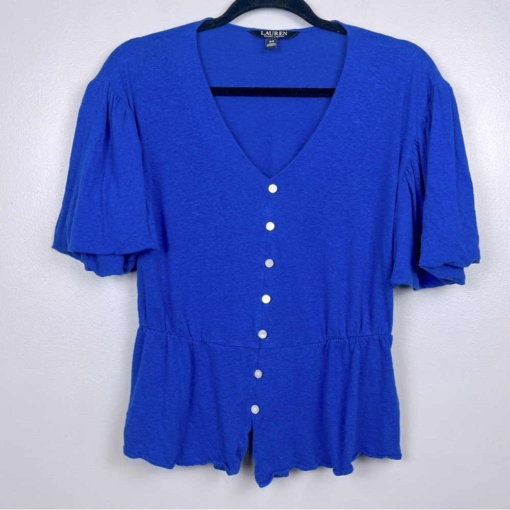 Lauren Ralph Lauren Black Label Flutter Sleeve, Peplum Linen Blend Blouse Size S